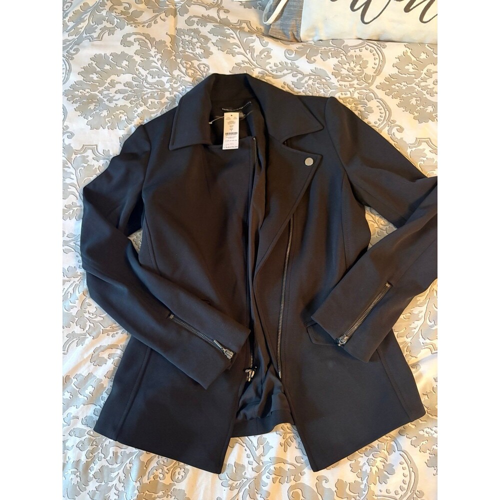 NWT White House Black Market Women's Black Asymmetrical Zip Moto Blazer Jacket